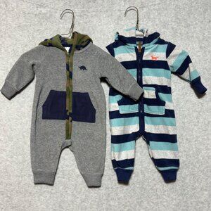 Carter's Baby Boy 3M Lot of 2 Fleece Hooded Zip-Up 1-Piece Pajama Jumpsuit